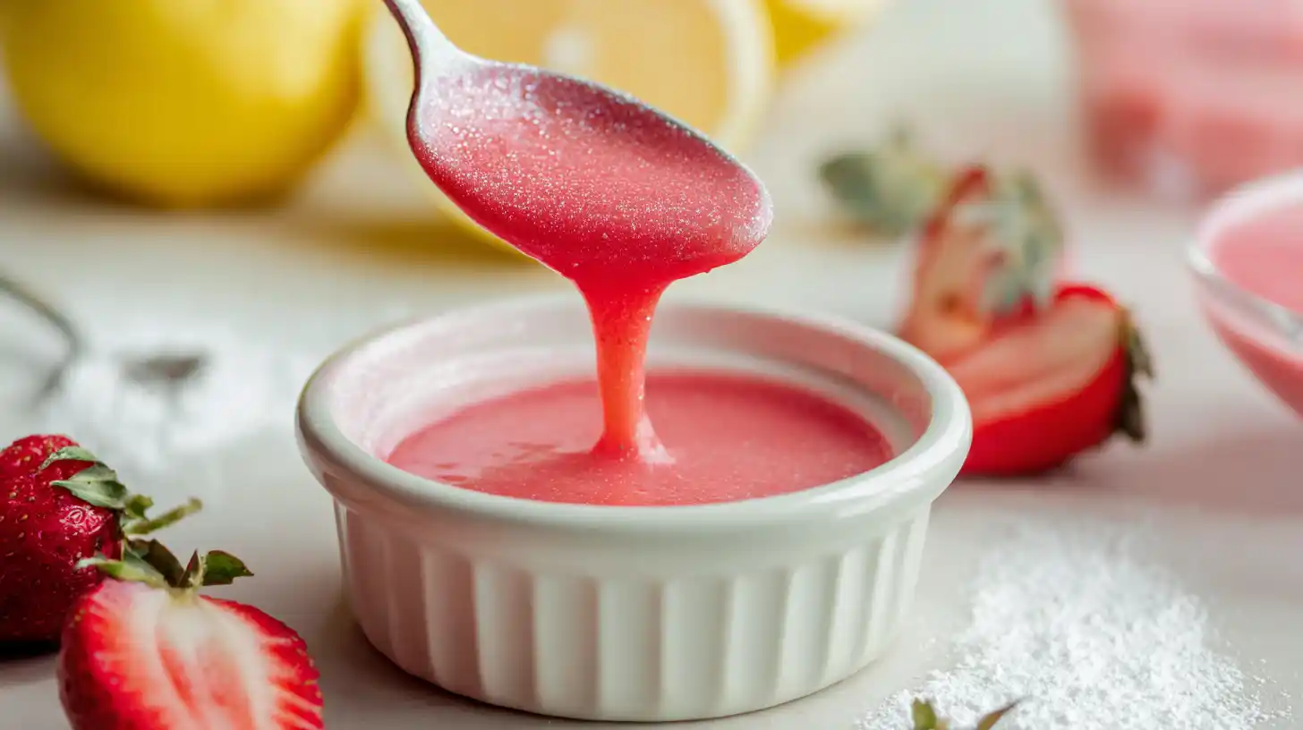 Fresh strawberry drizzle made with real purée and powdered sugar — best dessert for special occasions and quick dessert recipe with few ingredients.