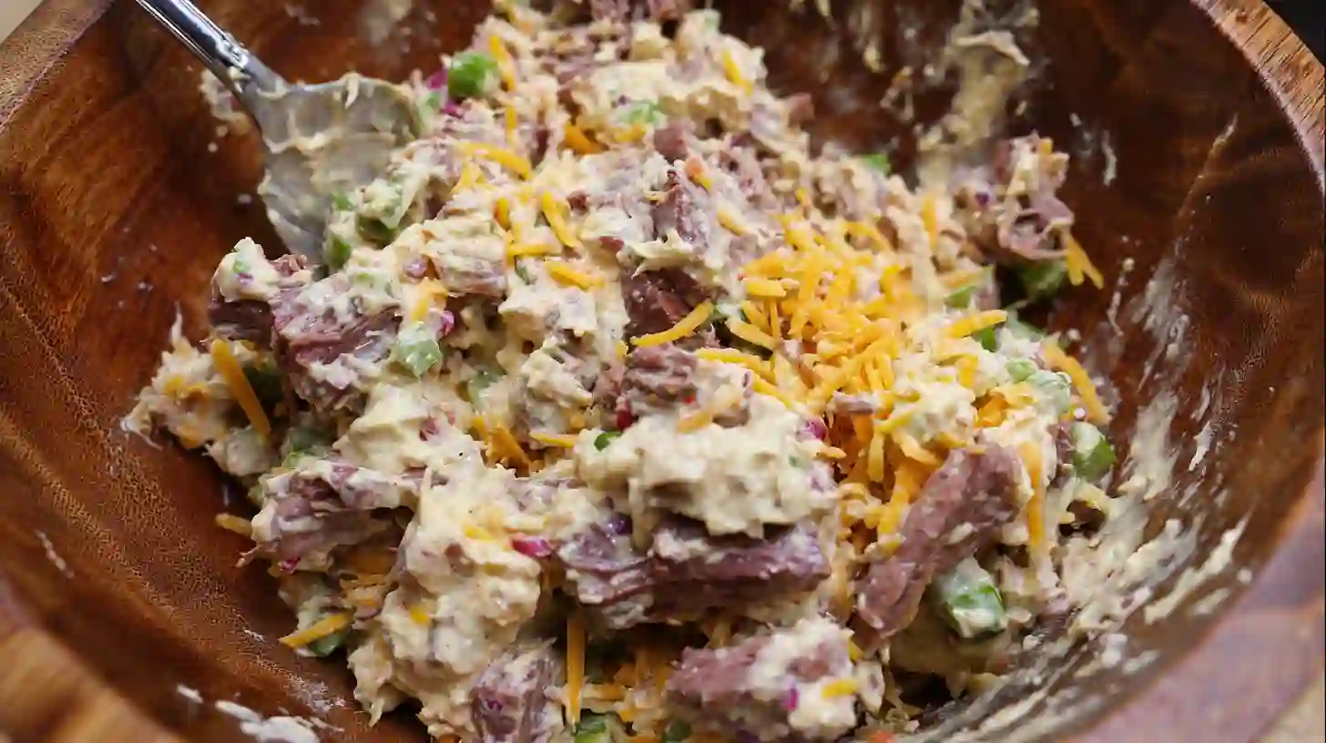 Close-up of creamy smoked brisket filling with cheddar, gouda, jalapeños, and BBQ seasoning in a mixing bowl – perfect for Texas Twinkies egg rolls.