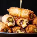 Close-up of Texas Twinkies Egg Rolls with Honey filled with smoked brisket, melted cheese, and jalapeños, drizzled with golden honey.