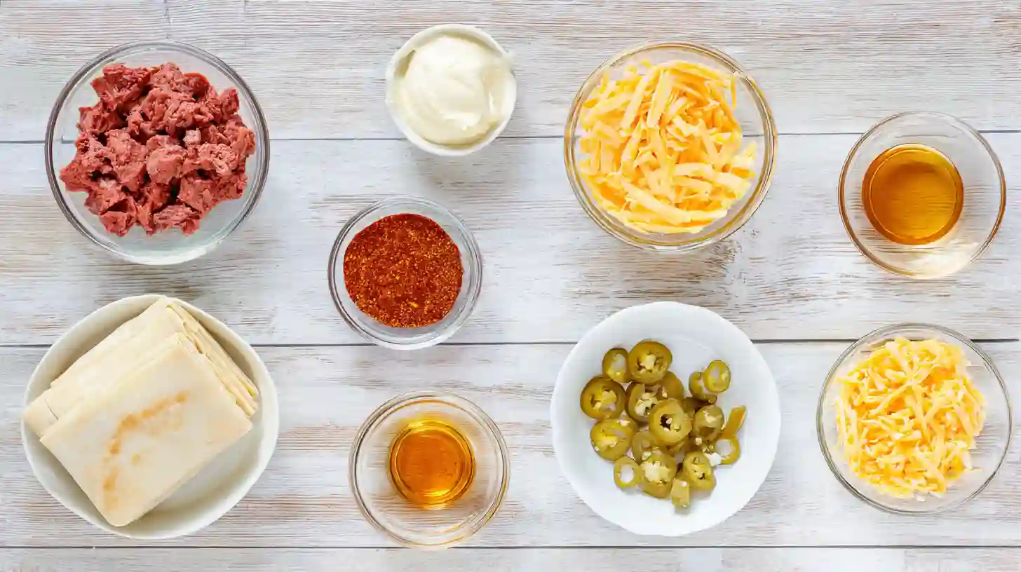 Top-down view of ingredients for Texas Twinkies Egg Rolls with Honey Glaze, including smoked brisket, cream cheese, shredded cheddar and gouda, jalapeños, BBQ rub, egg roll wrappers, and hot honey glaze components on a light wood surface.