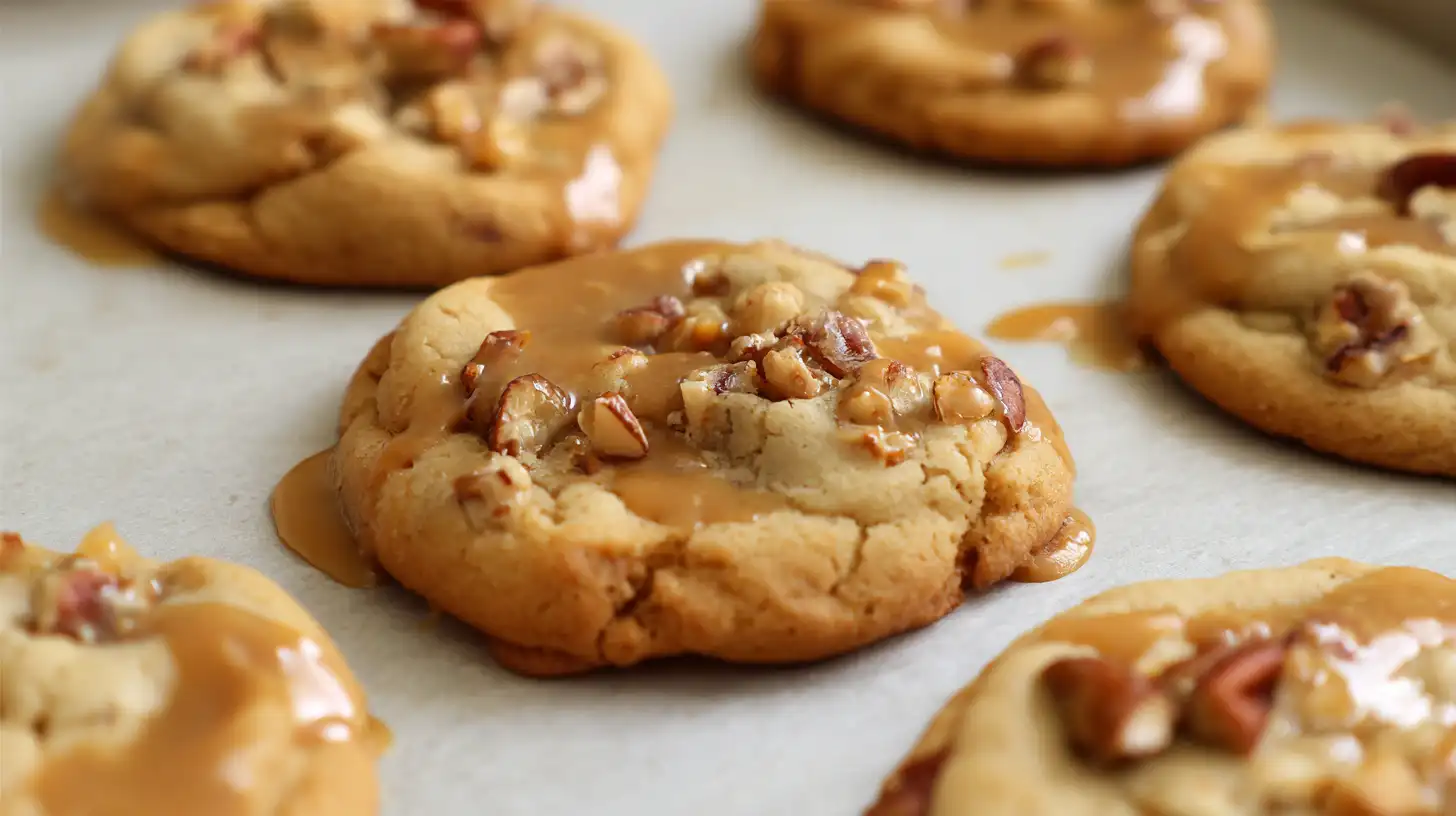 Toffee pecan caramel cheesecake cookies with toasted pecans and caramel drizzle — rich homemade dessert recipe for cookie lovers