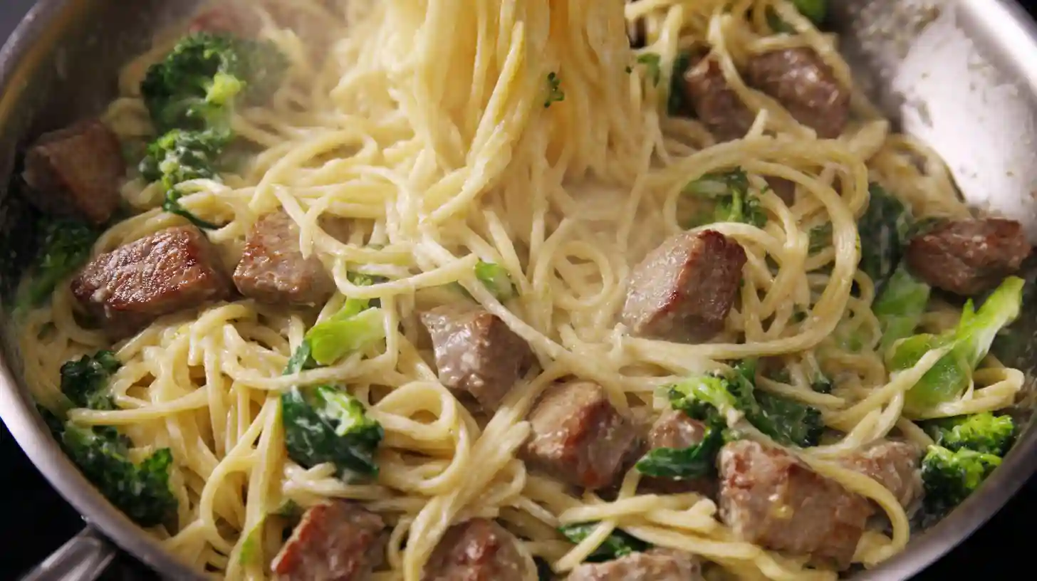 Tossing creamy Alfredo spaghetti with sirloin steak and baby broccoli for easy high-protein dinner idea