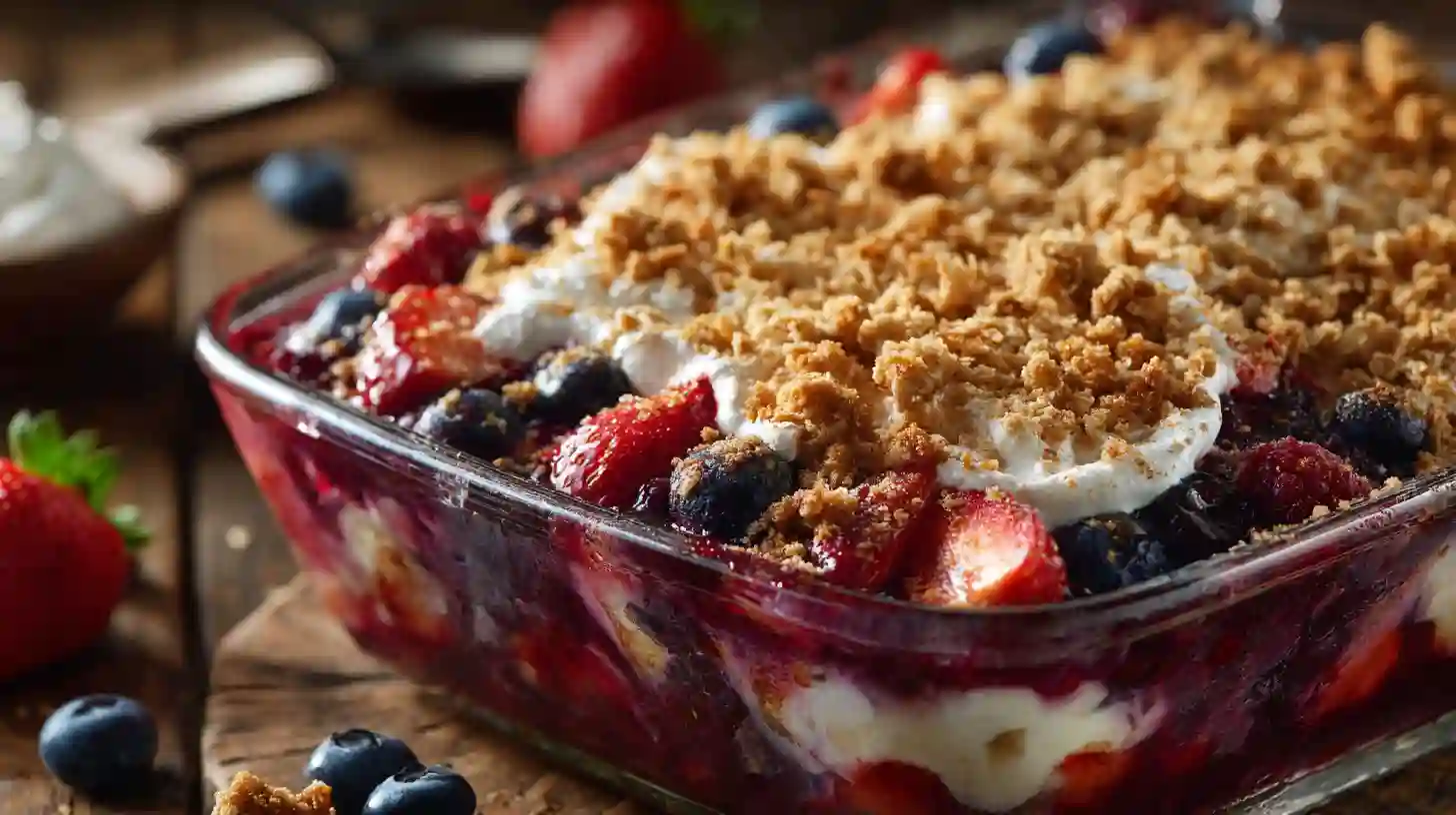 Triple berry cheesecake dump cake recipe, easy potluck dessert with strawberries, raspberries, blueberries, and cream cheese.