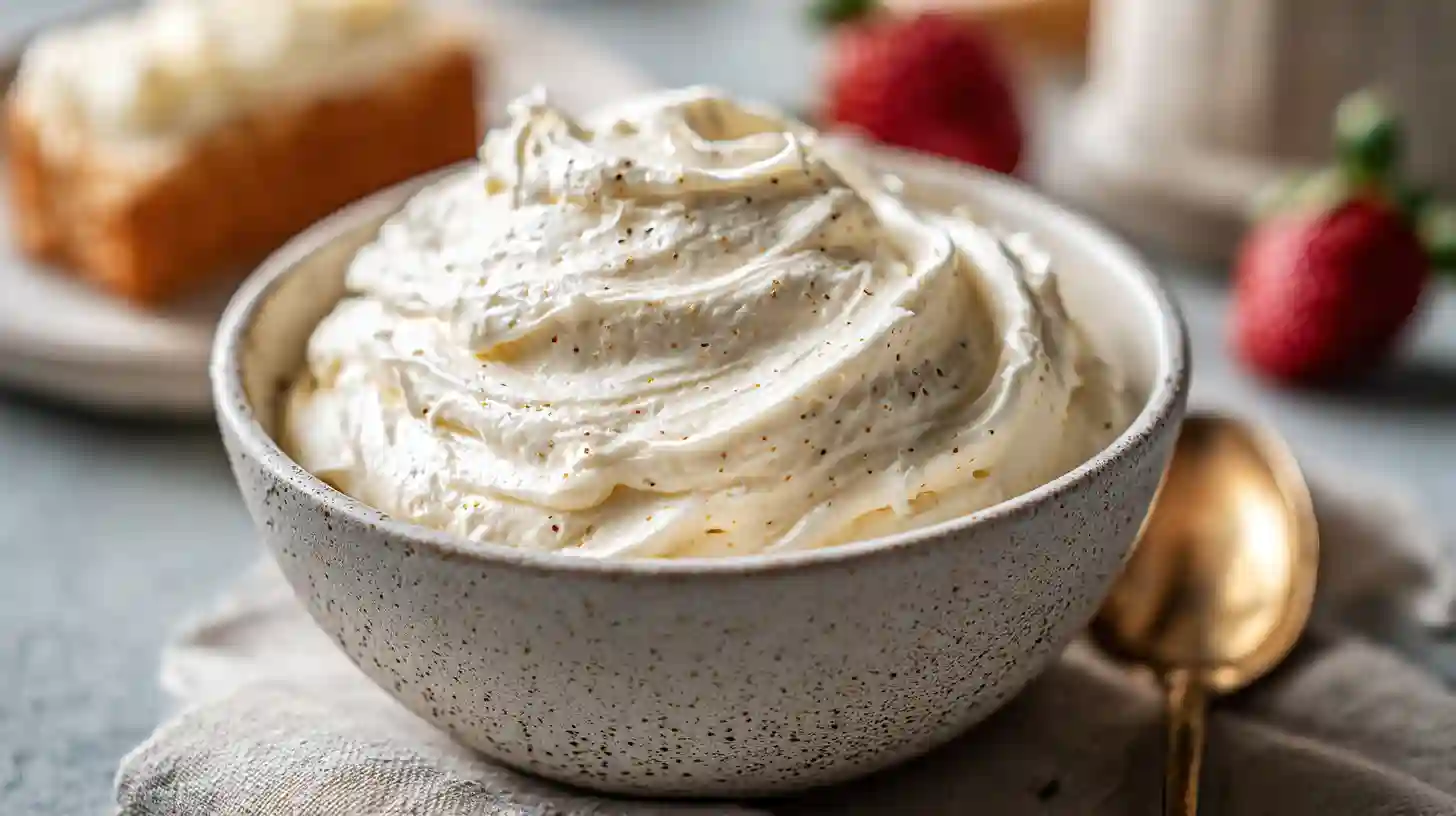 Homemade vanilla bean whipped cream recipe for easy strawberry cream cheese dump cake dessert.