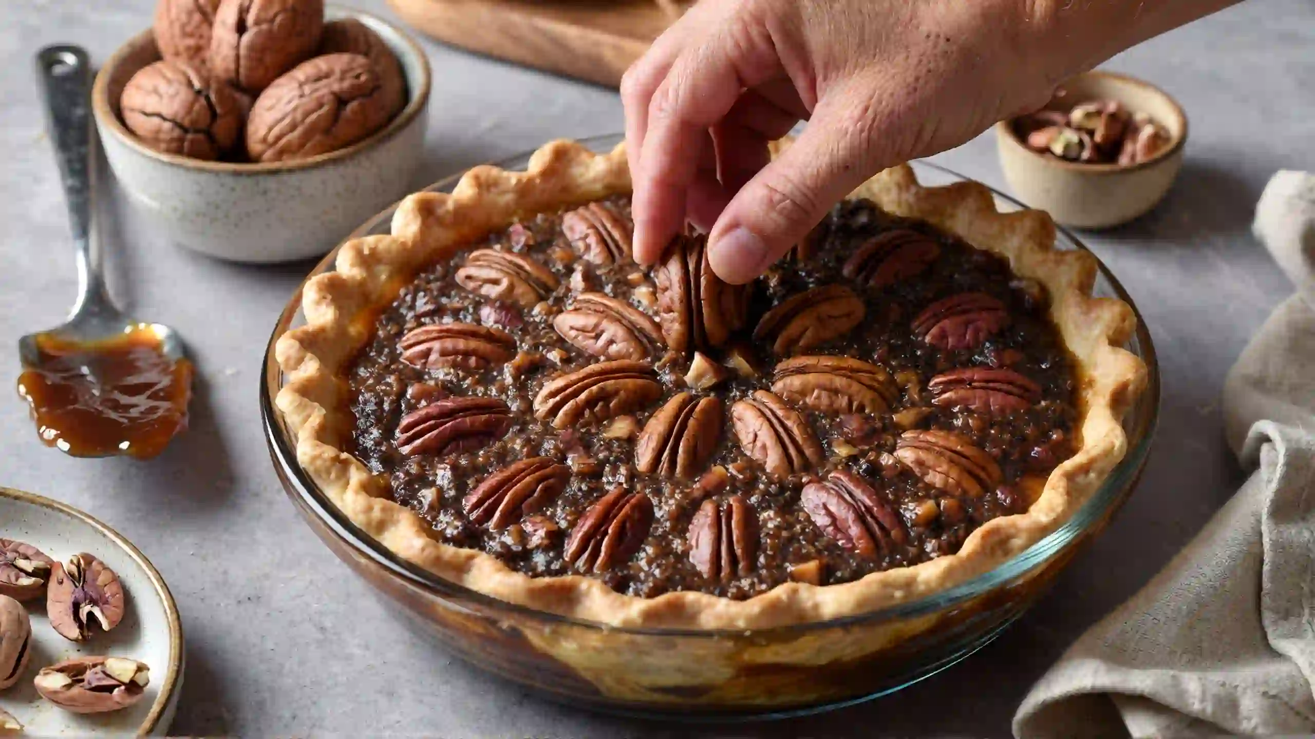 Adding pecans to condensed milk pie filling in pre-baked crust – homemade pecan pie preparation with Fisher pecan halves