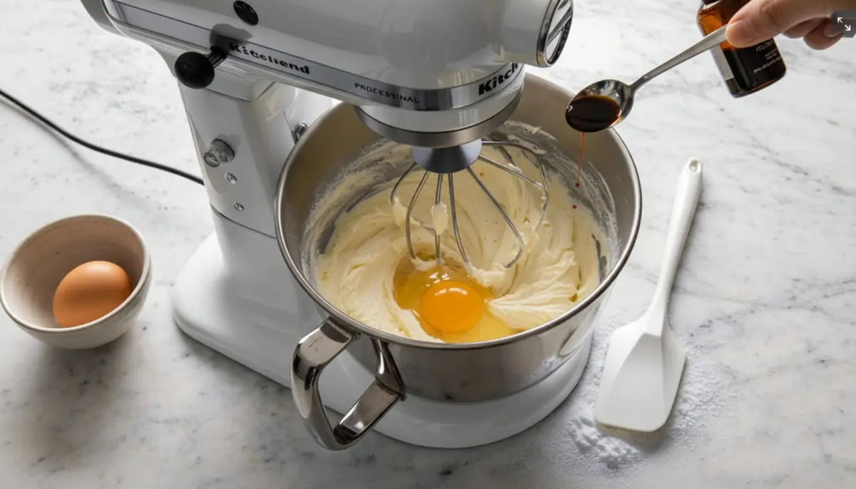 Adding eggs and organic pure vanilla extract to creamed butter and sugar in stand mixer for soft cinnamon cookie dough recipe.
