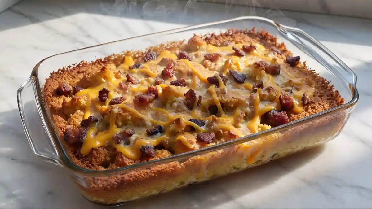 Baked Southern cornbread casserole with golden crust, melted cheddar cheese, and crispy bacon topping in a glass dish on white marble kitchen counter.