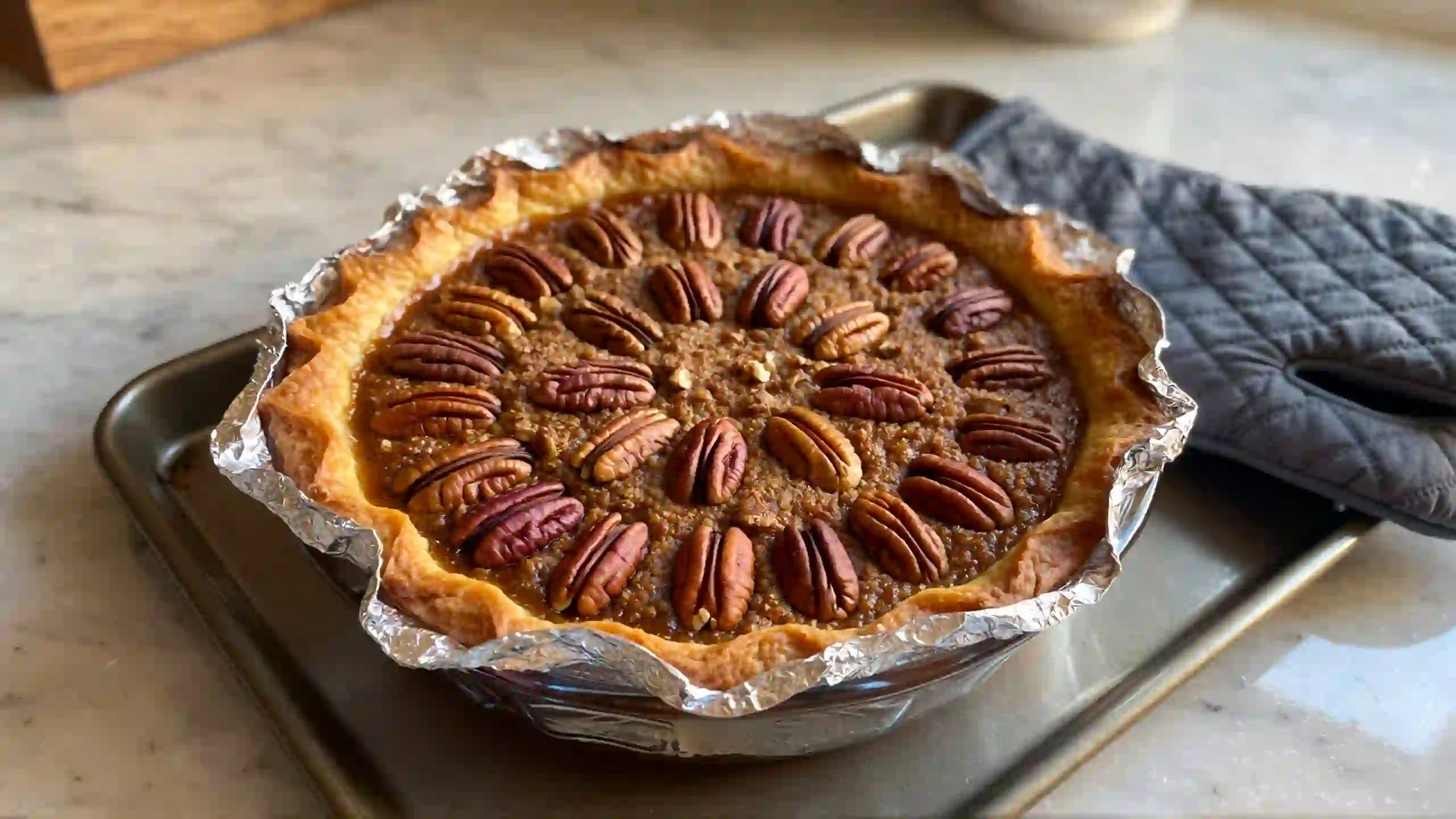 Baking condensed milk pecan pie in oven on Nordic Ware sheet with foil crust shield – golden crust and gently set center