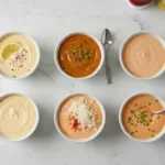 6 best homemade burger sauces for burgers, fries, and grilling – Dijonnaise, Big Mac sauce, campfire sauce, special burger sauce, classic burger sauce, and bloomin onion copycat dip in white bowls on marble countertop