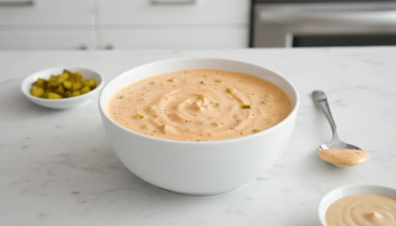Homemade Big Mac sauce in white bowl – copycat McDonald's burger sauce recipe with mayo, relish, onion, and French dressing – sweet and tangy secret sauce for burgers and fries