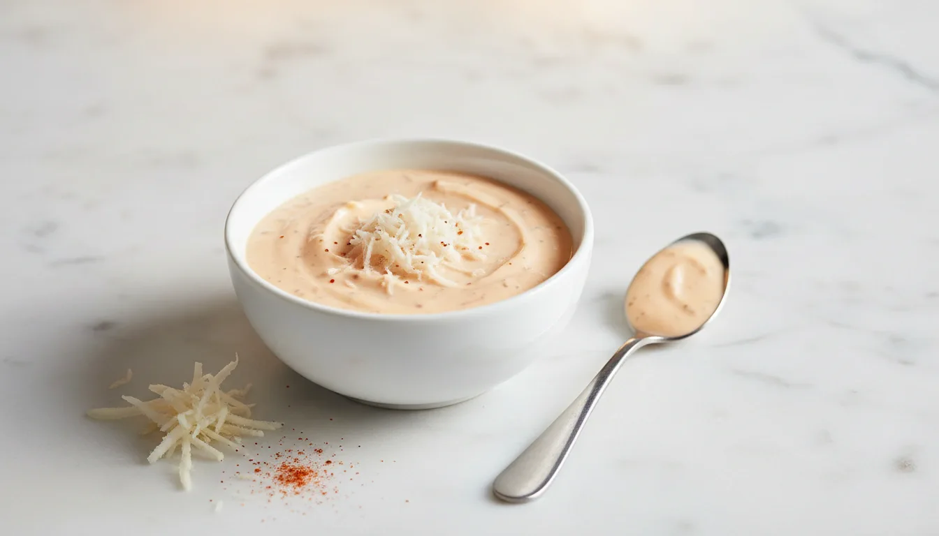 Bloomin onion sauce recipe in a white bowl – creamy spicy copycat dip with horseradish, ketchup, and paprika for burgers or fried onions