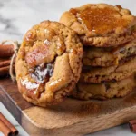Stack of homemade Buttery Brown Sugar Cinnamon Cookies with crispy edges and a sugar crust, styled with cinnamon sticks and brown sugar on a white marble background.