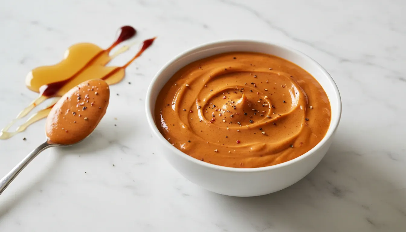 Sweet and smoky campfire sauce in a white bowl – creamy homemade burger dip made with mayonnaise, barbecue sauce, and spices.