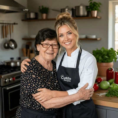 Stuffani-Borjat chef, wearing a Deli Easy Mills apron, smiles and hugs an elderly woman, her mother, in a warm home kitchen filled with fresh ingredients.