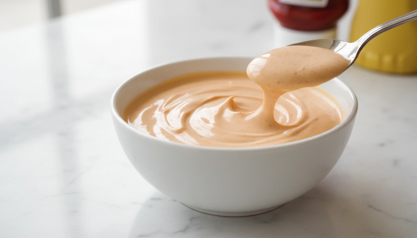 Homemade Burger Sauces  Classic burger sauce recipe in a white bowl – creamy, tangy homemade condiment with mayo, ketchup, mustard, and relish for burgers and fries