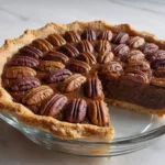 Rich and gooey Condensed Milk Pecan Pie with golden flaky crust and toasted pecans in a glass pie dish on a marble background