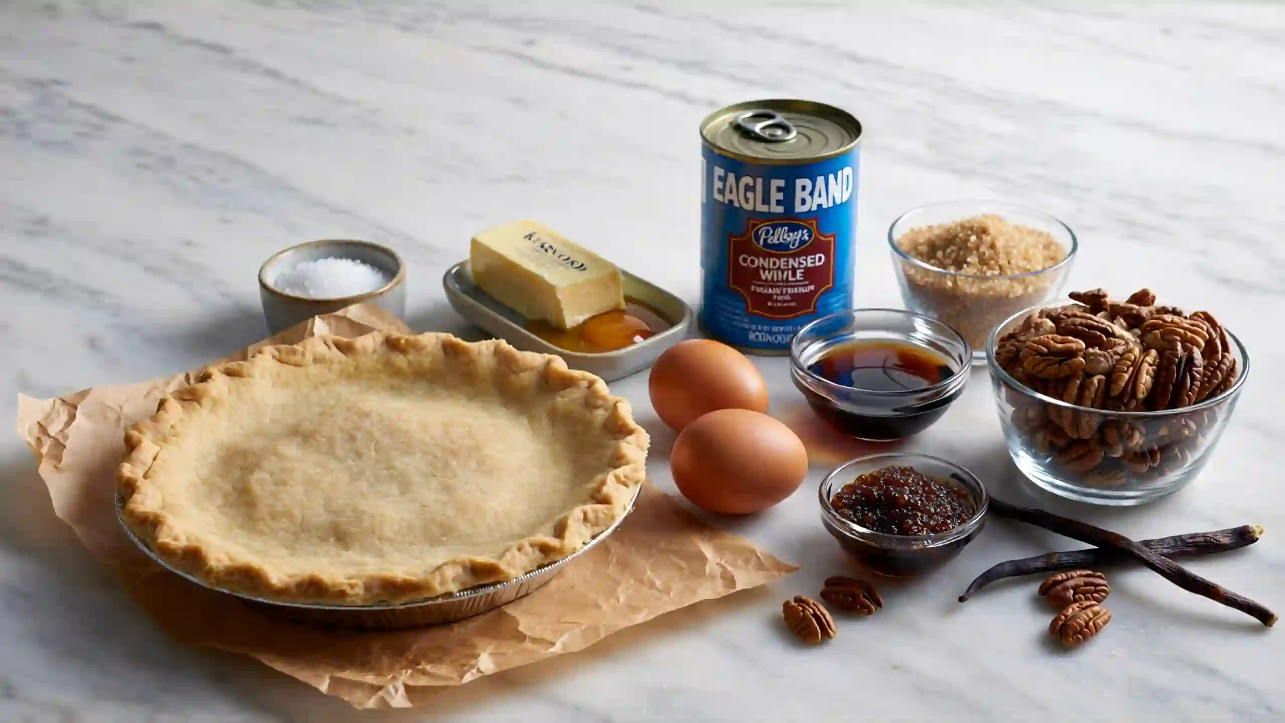 Flat lay of condensed milk pecan pie ingredients including pie crust, eggs, sweetened condensed milk, butter, brown sugar, vanilla, salt, and pecan halves on marble background
