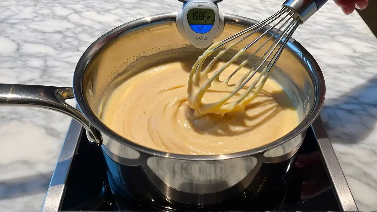 Cooking German chocolate frosting with evaporated milk, sugar, egg yolks, and butter in a saucepan over medium heat until thickened