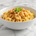Creamy cowboy butter chicken pasta in a white bowl on a marble countertop, topped with juicy seared chicken and parsley garnish, served in rich garlic butter sauce — best chicken pasta dinner recipe.