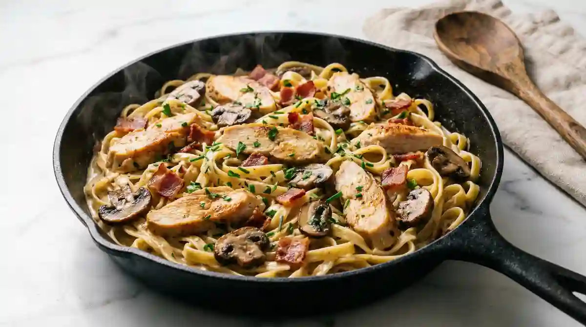 Creamy chicken pasta with bacon and mushrooms in skillet – quick skillet chicken dinner variation with comfort food flavor