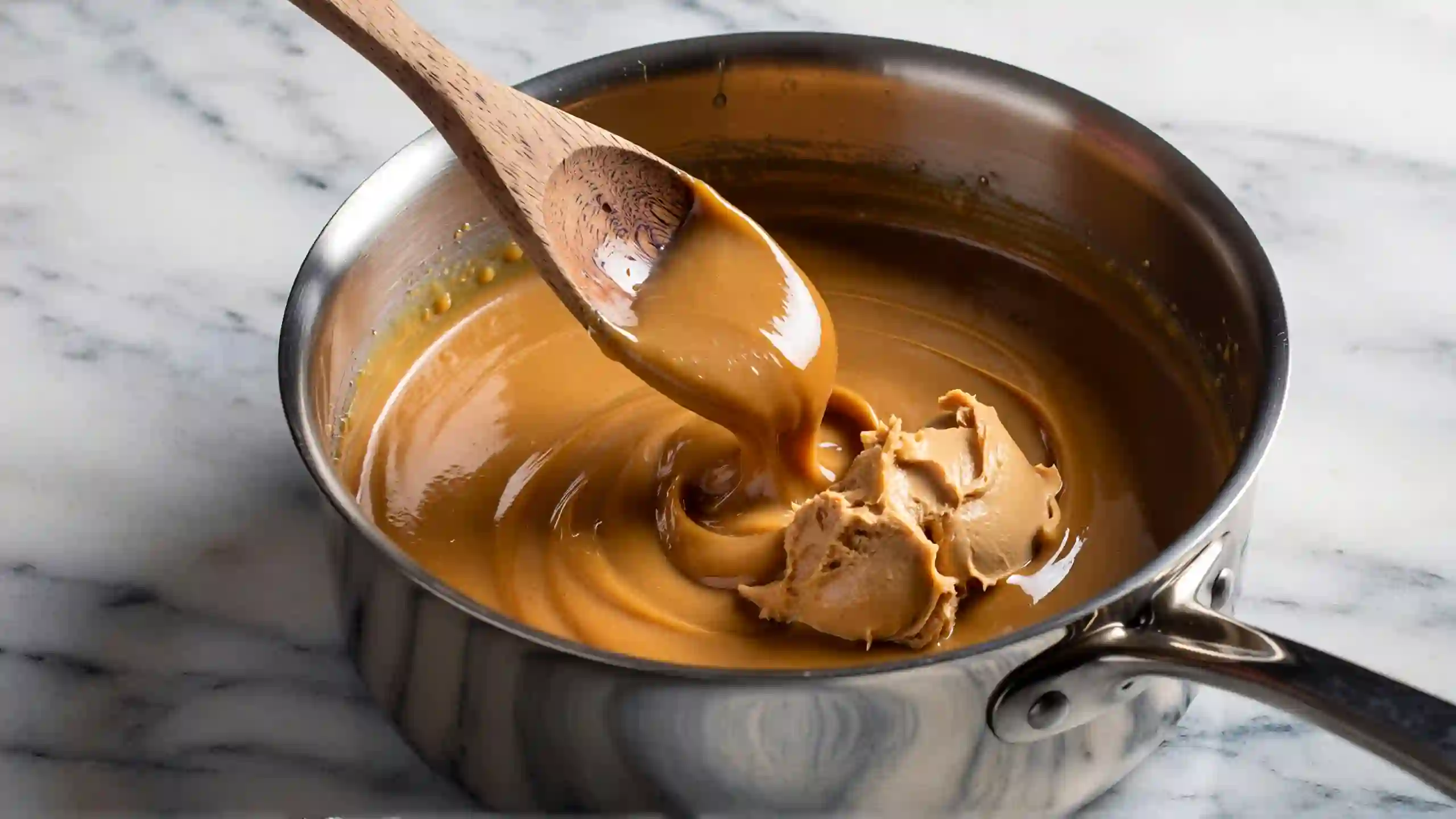 Stirring creamy peanut butter and sweetened condensed milk into melted butterscotch mixture for dessert bar filling on marble counter