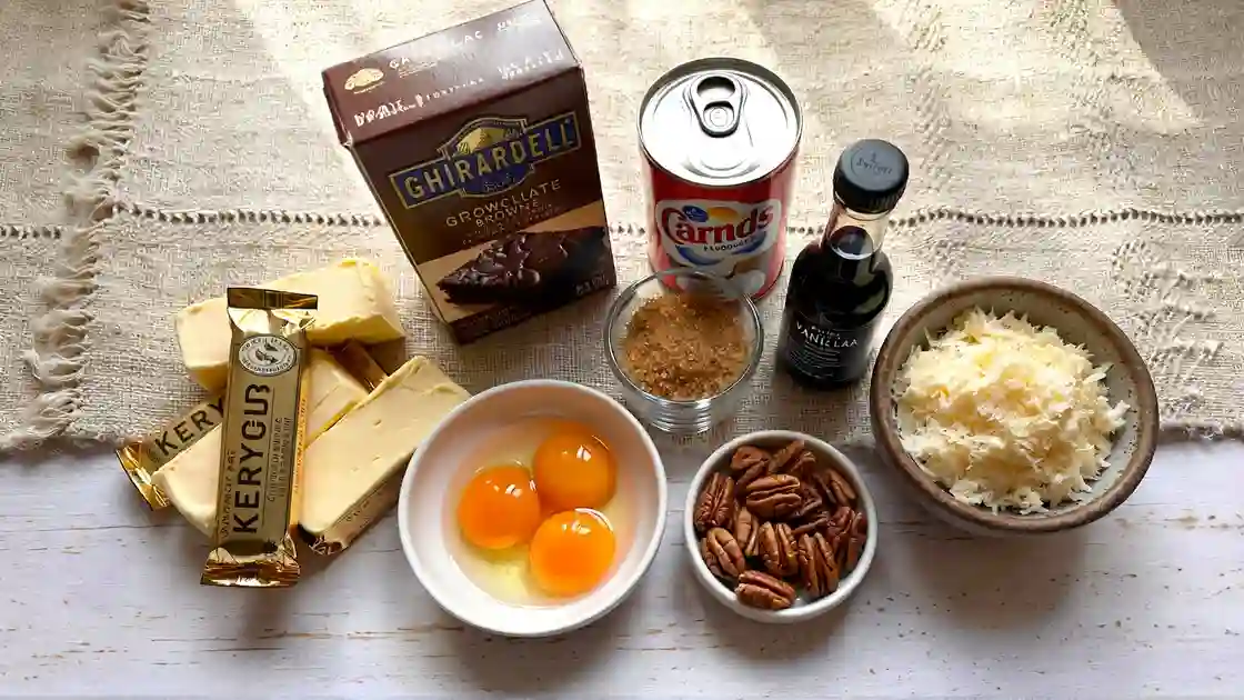 Easy ingredients for homemade German Chocolate Brownies with Ghirardelli mix, pecans, coconut, and evaporated milk