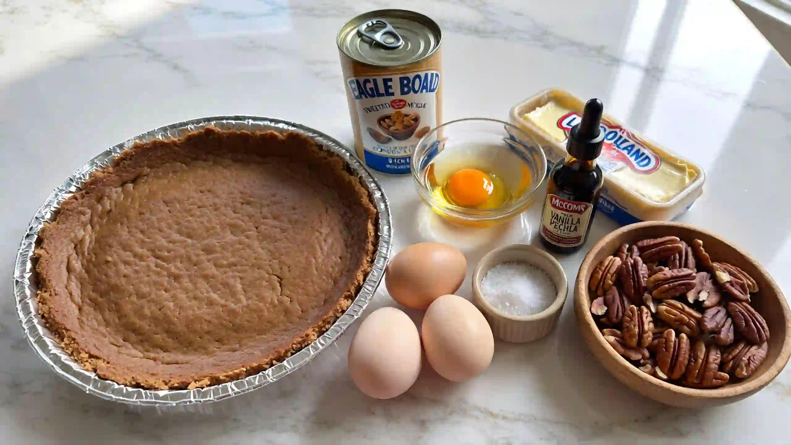 Flat lay of beginner-friendly dessert ingredients including graham cracker crust, sweetened condensed milk, pecans, eggs, butter, vanilla extract, and salt for an easy pecan pie recipe.