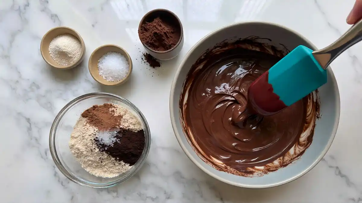 Folding flour, cocoa powder, and salt into chocolate brownie batter for fudgy German chocolate brownies