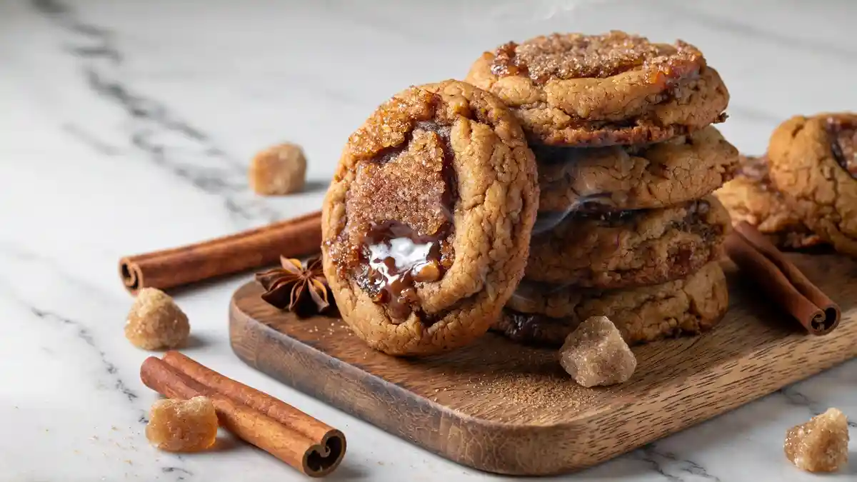 Freshly baked brown sugar cinnamon cookies stacked on plate, soft chewy cookie recipe, homemade holiday dessert