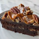 Rich German chocolate pecan brownie topped with coconut caramel frosting, toasted pecans, and flaky sea salt on a white plate over marble background