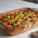 Hearty Southern loaded cornbread casserole topped with melted cheddar, crispy bacon, and green onions in a white bowl on marble background