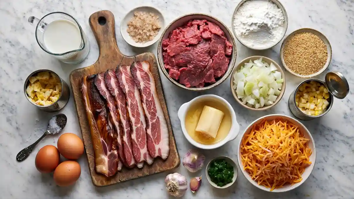 Flat-lay of ingredients for Hearty Southern Loaded Cornbread Casserole including bacon, ground beef, cheddar cheese, cornmeal, creamed corn, and jalapeños on white marble