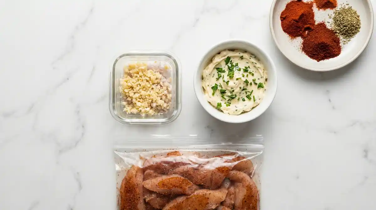 Make-ahead ingredients for cowboy butter chicken pasta – minced garlic, pre-seasoned chicken, cowboy butter, and dry spice blend on marble surface