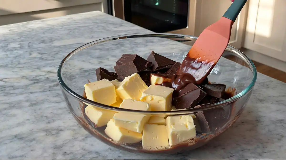 Melting unsalted butter and premium dark chocolate in a microwave-safe bowl for rich homemade brownie batter