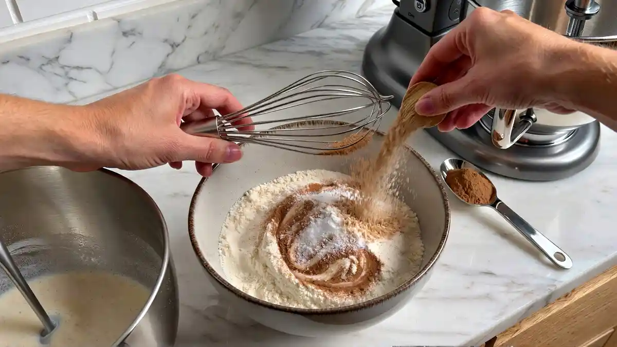 Whisking flour, cinnamon, baking soda, and salt for homemade brown sugar cinnamon cookie dough in professional baking setup.