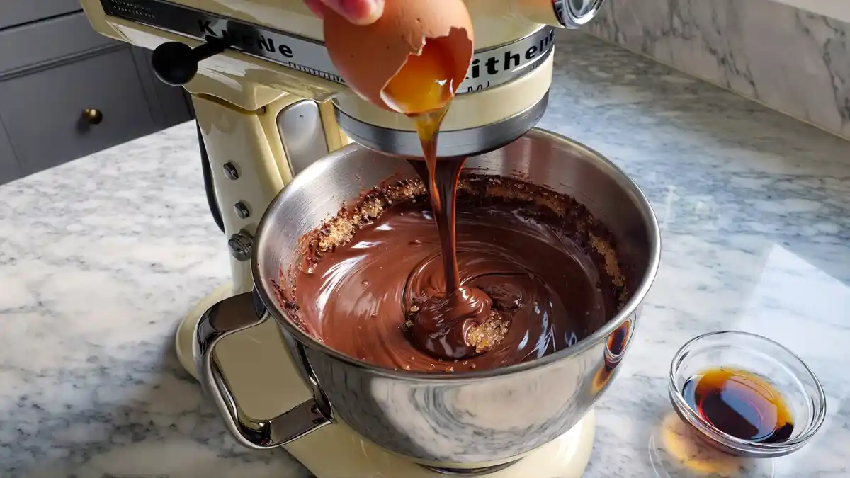 KitchenAid stand mixer beating sugar and eggs into brownie batter for homemade German chocolate pecan brownies