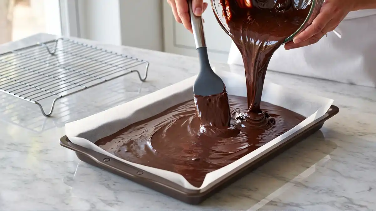 Pouring rich chocolate brownie batter into a parchment-lined professional brownie pan before baking for German chocolate brownies recipe