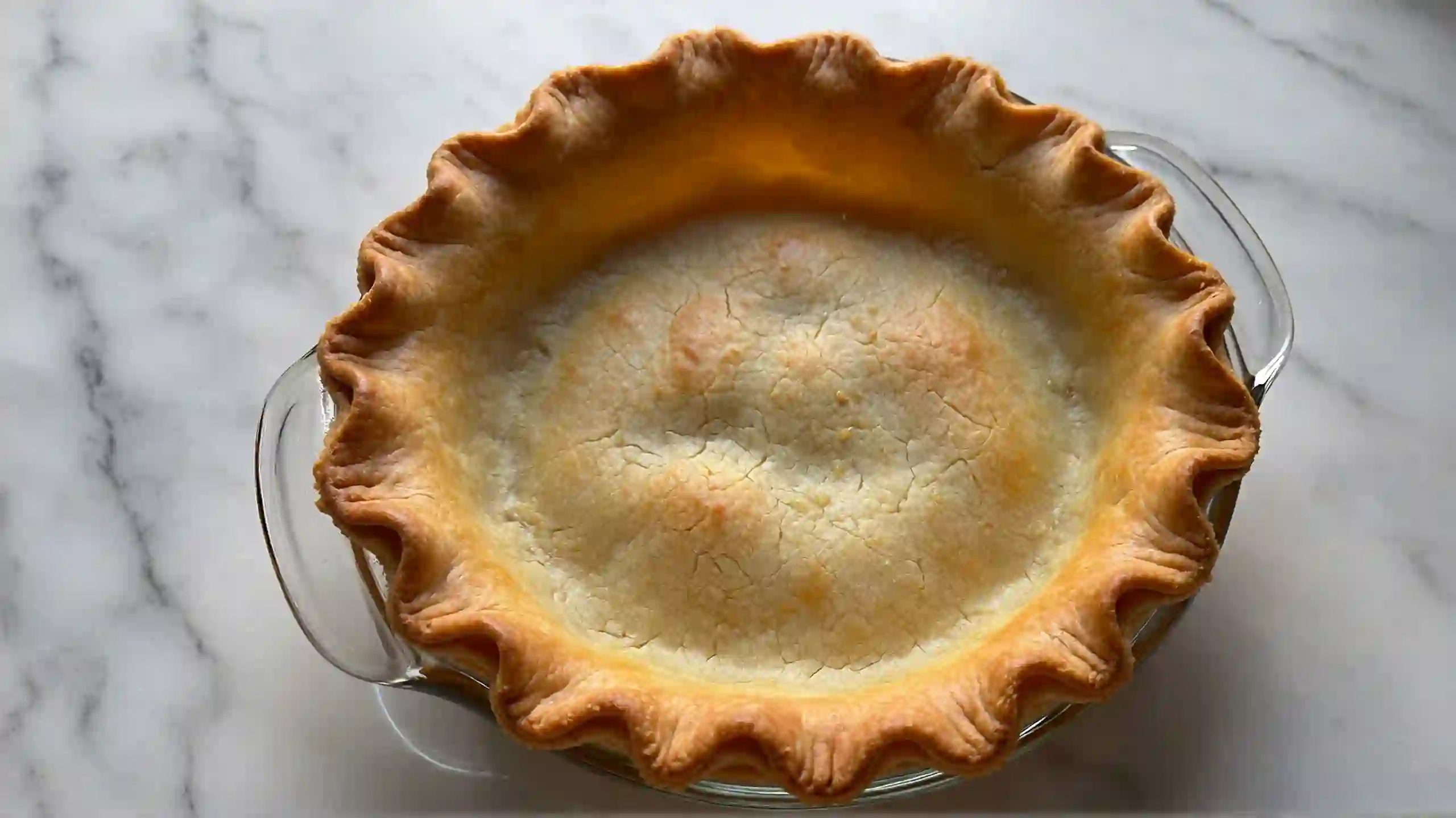 Partially baked Pillsbury pie crust in Pyrex glass dish with golden crimped edges on marble counter – perfect for pecan pie and holiday baking recipes