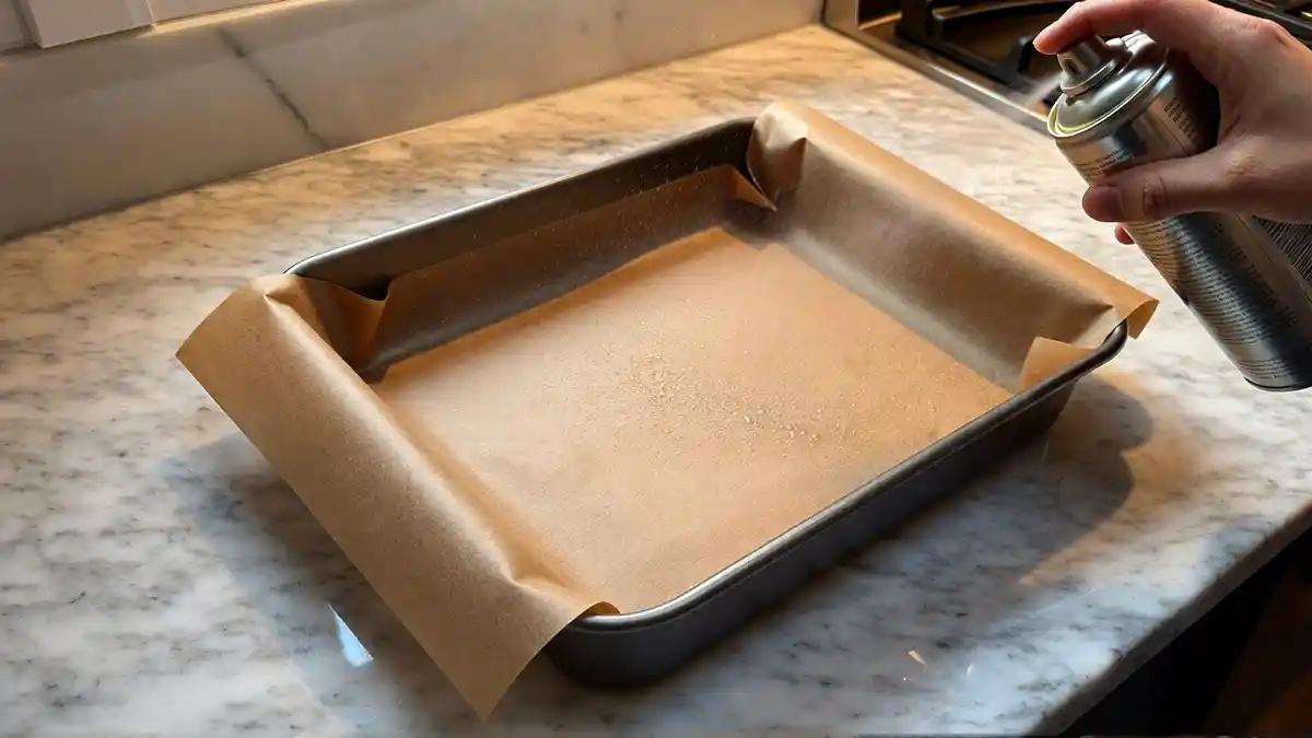 Preheating oven and preparing 9x13 baking pan with parchment paper and baking spray for homemade chocolate brownies