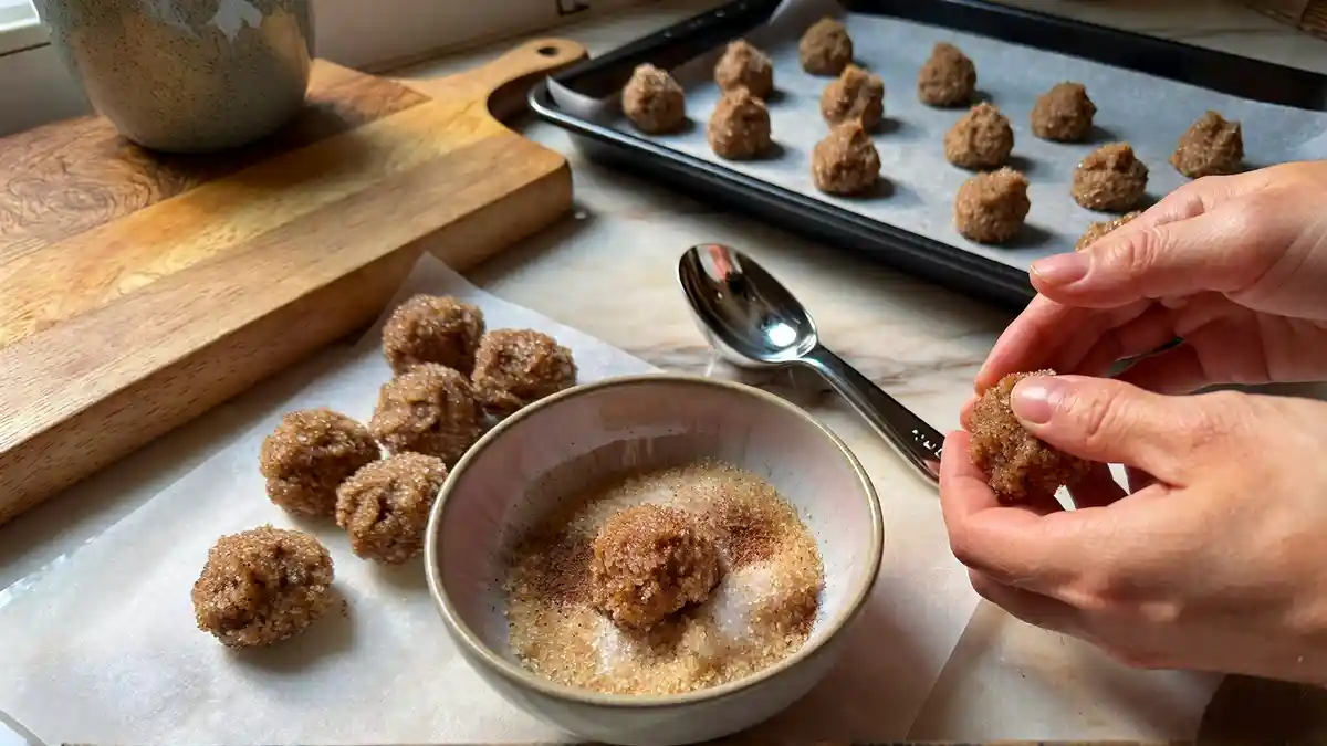 Rolling brown sugar cinnamon cookie dough balls in cinnamon sugar with stainless steel cookie scoop on parchment lined baking sheet.