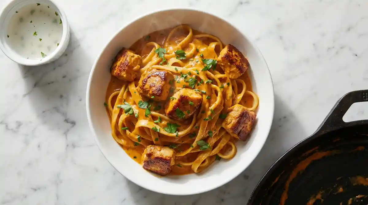 Perfectly seared chicken with creamy butter pasta and fresh herbs – simple chicken skillet dinner with emulsified sauce