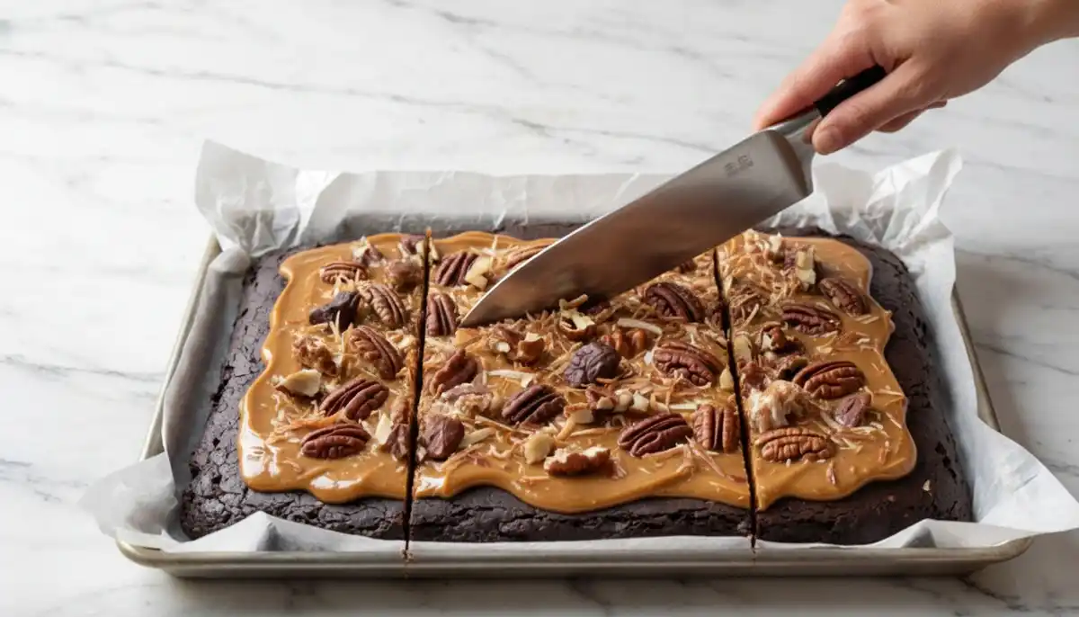 Slicing German Chocolate Pecan Brownies into thick squares after coconut pecan topping has set