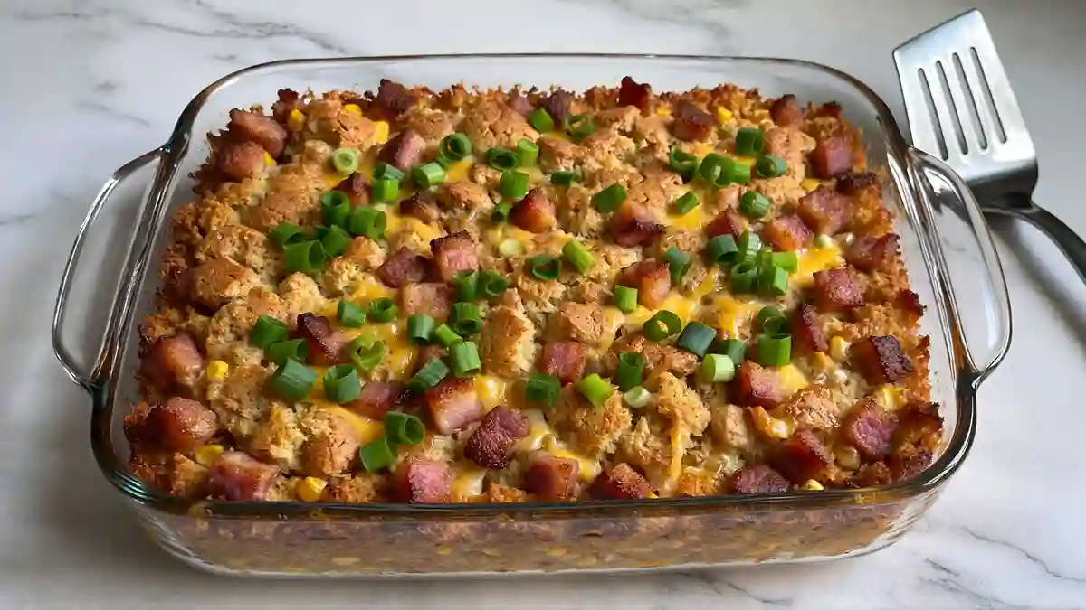 Southern cornbread casserole resting after baking, garnished with fresh green onions on a white marble surface, ready to serve.