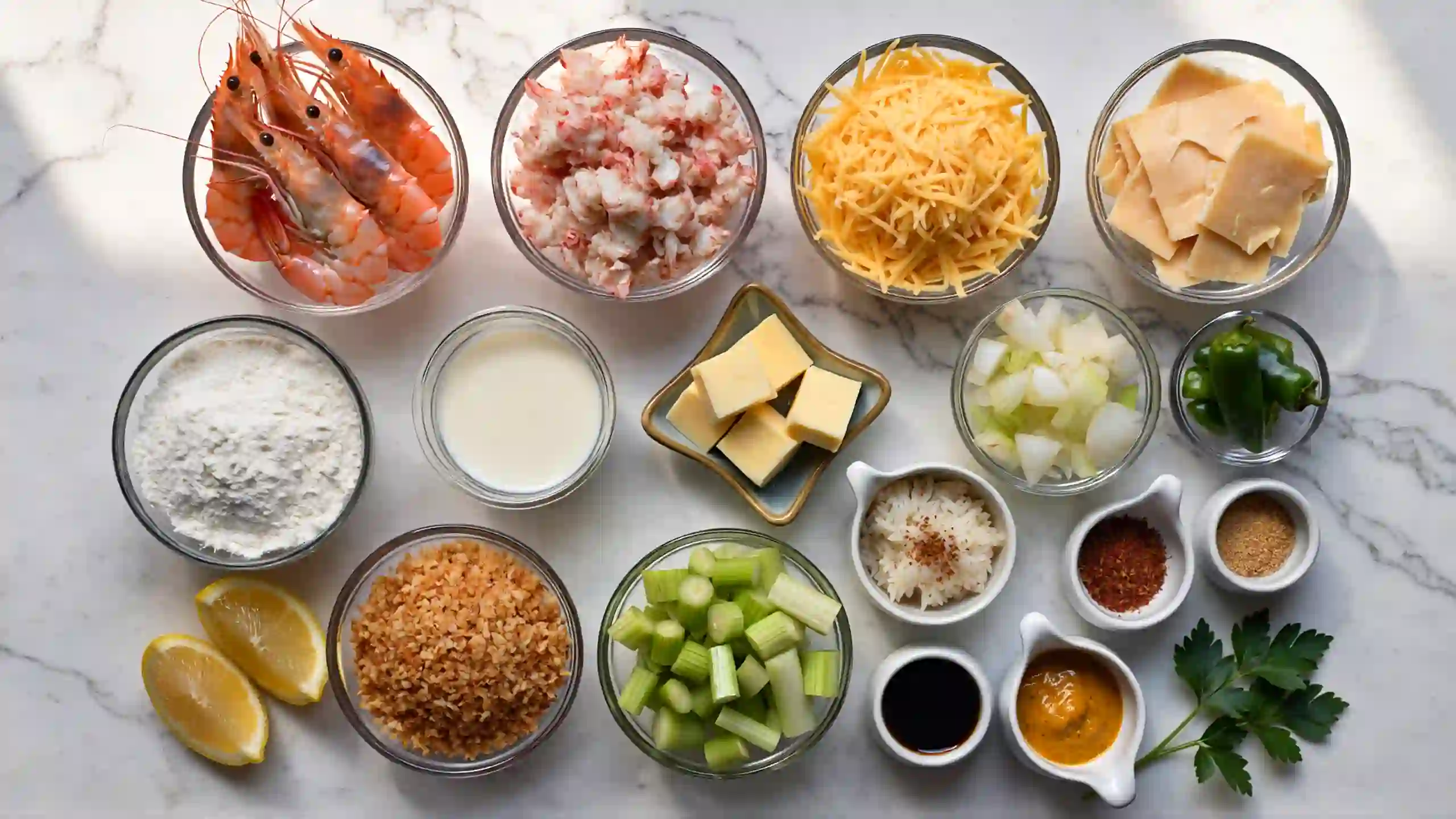 Flat lay of fresh ingredients for Southern crab and shrimp casserole including shrimp, lump crabmeat, shredded cheese, rice, butter, bell peppers, garlic, celery, onions, cream, milk, spices, and lemon wedges on a marble background.