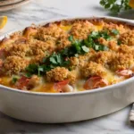 Golden baked Southern crab and shrimp casserole topped with cheese, broiled shrimp, and fresh parsley, served in a vintage baking dish on a rustic wooden table.