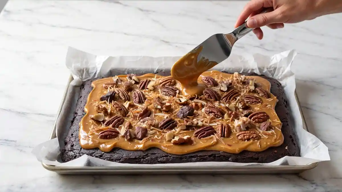 Spreading warm coconut pecan topping over fully cooled homemade German chocolate brownies in a baking pan
