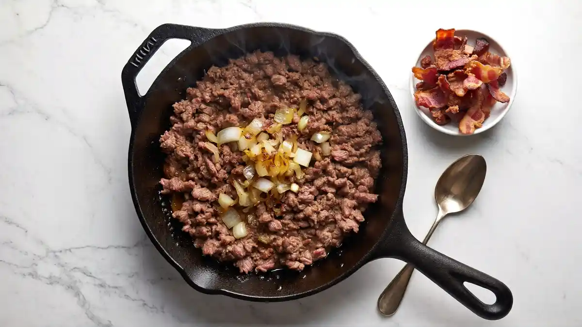 Step-by-step cooking image showing crispy bacon and browned ground beef with onions and garlic in a cast iron skillet on a white marble kitchen counter — essential base for Southern loaded cornbread casserole.