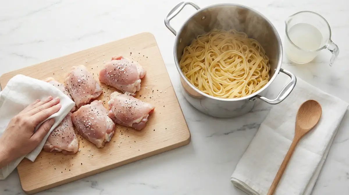 Raw seasoned chicken thighs on cutting board and freshly cooked fettuccine pasta in a pot with reserved pasta water – cowboy butter chicken pasta recipe step 1 preparation
