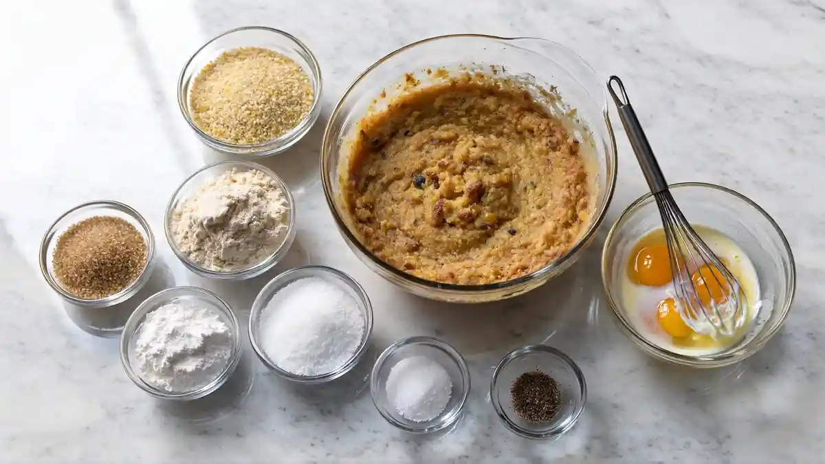 Preparing homemade Southern cornbread mixture with organic cornmeal, buttermilk, flour, and butter in a glass bowl on a white marble surface — step-by-step image for loaded cornbread casserole.