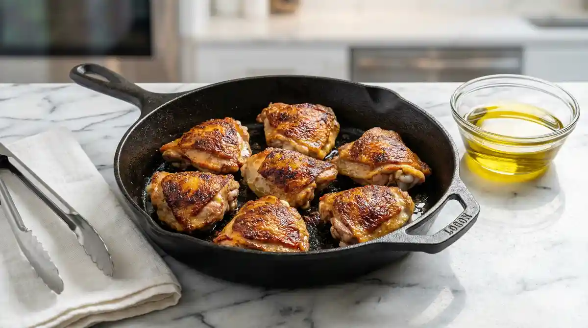 Golden-brown chicken searing in cast iron skillet with olive oil – cowboy butter chicken pasta recipe step 2 searing chicken thighs